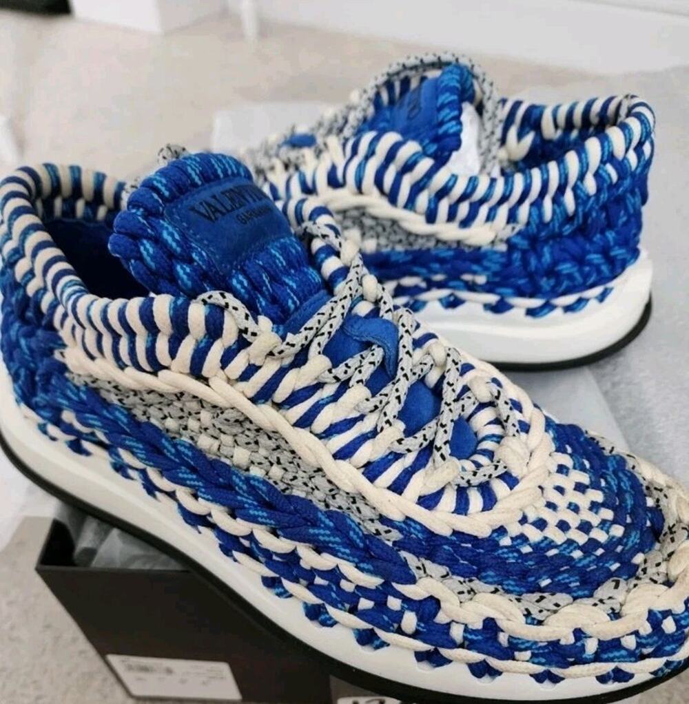 Valentino Garavani Blue/White Striped Tubular Lace-Up Sneakers EU 43.5 US 10.5